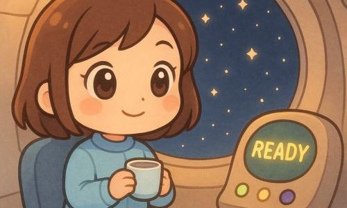A serene smiling adult woman in a pale blue suit with short brown hair and bright eyes holds a small cup of water and looks out a wide spacecraft window at a starry sky while a friendly onboard computer with a round screen and three blinking green, yellow and violet lights displays the word Ready; the warm compact interior has rounded, softly lit walls and smooth metal panels, and the woman, poised and calm, prepares to begin her space journey with slow, confident movements.