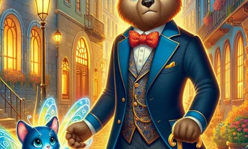 Un urs gentleman, pe nume Monsieur Ursache, stă în picioare în centrul unei străzi pavate, îmbrăcat într-un elegant costum bleumarin cu un papion roșu aprins. Expresia sa este determinată și curajoasă, iar ochii îi strălucesc de înțelepciune. El ține un baston ornamentat cu motive aurii, pregătit să-și apere teritoriul. Lângă el, un mic pisoi albastru pe nume Azur, cu ochi de safir strălucitori și aripi delicate de fluture, zboară ușor deasupra solului. Expresia sa reflectă curiozitate și îngrijorare, în timp ce luminează scena cu o lumină magică emanată din aripile sale. Decorul este un parc urban fermecător, înconjurat de clădiri vechi cu fațade colorate, unde felinarele din fier forjat difuzează o lumină caldă. Copacii cu frunze aurii se leagănă ușor în adierea vântului, iar florile strălucitoare adaugă o notă de magie mediului. Situația principală îi arată pe Monsieur Ursache și Azur confruntându-se cu un vortex luminos și vârtej care se deschide în fața lor, eliberând umbre amenințătoare. Ei sunt pregătiți să înfrunte necunoscutul, uniți în căutarea lor de a proteja orașul lor magic.