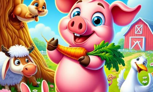 Un porc roz, pe nume Puf, cu urechi mari și un zâmbet jucăuș, stă în centrul imaginii, ținând sub braț o morcov de aur strălucitor, cu ochii mari de excitație și curiozitate. La dreapta lui, o veveriță mică cu blană brună aurie, Lili, cu ochi strălucitori, se cațără pe un trunchi de copac, privindu-l pe Puf cu un aer intrigat. La stânga, un gâscan alb cu cioc portocaliu, Gogu, stă pe o picior, făcând gesturi exagerate, ca și cum ar povesti o glumă, în timp ce o capră albă cu pete negre, Zina, stă în spatele lui, arătând perplexă, dar amuzată. Decorul este o fermă pitorească, cu un cer albastru strălucitor, flori colorate în jur și un hambar roșu în fundal, iar iarba este verde și proaspătă. La baza unui copac mare, Puf a descoperit morcovul de aur, iar toți prietenii săi sunt adunați în jurul lui, plini de entuziasm și curiozitate, pregătiți să dezvăluie misterul comorii fermecate.