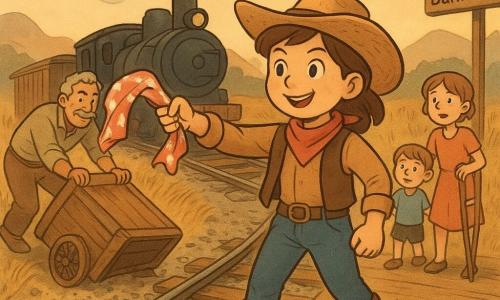 Die Hauptfigur ist ein Cowgirl-Mädchen mit entschlossenem Lächeln, braunen Haaren unter einem schiefen Strohhut, das ein rot-weißes Tuch schwenkt, um den Zug anzuhalten; links stößt der alte Sam mit anderen einen umgekippten Holzwagen nahe den Schienen, rechts steht Lina (ca. 9 Jahre) auf Krücken, hält ein Kind an der Hand und motiviert die Menge vom Bahnsteig; hinter der Szene blickt der Lokführer in dunkler Lederjacke überrascht aus dem bremsenden Lokfenster; Schauplatz: kleiner Bahnhof im Grasland bei Sonnenuntergang mit verwitterten Holzsteigen, hohen goldenen Gräsern, fernen Bergen und einer dampfenden Lokomotive; Szene: das Cowgirl steht auf dem Schotter, das Tuch im Wind, die Gemeinschaft schiebt den Wagen und schützt die Kinder, die Lok hält gerade noch an — dynamische Komposition, warme Farben, weiche Kontraste, Holz- und Staubtexturen.