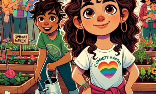 A 12-year-old girl named Lily stands in the center of the image, with curly brown hair, wearing a colorful t-shirt and jeans. Her face expresses joy and determination as she plants seeds in a community garden. Next to her, a 12-year-old boy named Sam, with sparkling brown eyes and messy hair, smiles while holding a small watering can, ready to water the plants. In the background, families gather, children laugh and play, and volunteers share meals. The garden is filled with colorful flowers and growing vegetables, with wooden signs reading "Community Garden." The scene conveys an atmosphere of solidarity and hope, illustrating the community spirit coming together to help those in need.