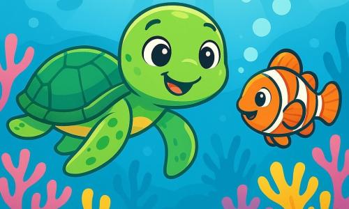 Sunny, a small sea turtle with shiny green scales and sparkling curious eyes, swims joyfully in clear water, her flippers waving enthusiastically. She has a radiant smile on her face, showing her excitement for adventure. Nearby, a clownfish with orange and white stripes, wearing a friendly and playful expression, blows bubbles while playing around Sunny, encouraging her to explore. The seabed is filled with colorful corals in shades of pink, purple, and yellow, creating a magical underwater landscape. Rays of light filter through the water, illuminating the golden sand below. In this scene, Sunny discovers a beautiful coral reef, awed by the beauty around her and ready to dive deeper into her underwater adventure.