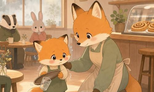 Main character: a young anthropomorphic fox child with a flushed face, pink cheeks and wide shining eyes, timid and slightly trembling, holding a tilted tray from which a glass slipped. Secondary character: the mother fox, adult with soft fur and a warm, serene expression, kneeling beside her child with a reassuring paw on their shoulder while picking up the intact glass. Background characters: a few softly blurred anthropomorphic customers (badger, rabbit) with surprised but kind looks, seated at mismatched tables by the window. Setting: small cozy café with light wood counter, smoky window, chalk-menu board, pastry display with cinnamon rolls, warm pendant lamps casting golden patches on the floor. Main moment: the glass has slid and rolled on the floor, a frozen tense instant softened by the mother’s protective closeness, intimate warm reassuring atmosphere.