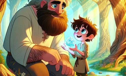 Little Thumb, a boy with tousled chestnut hair and sparkling curious eyes, stands at the center of the scene, a look of wonder lighting up his face. He wears a simple canvas tunic and worn sandals, while holding a shimmering holographic map in his small hands. Beside him, Goliath, a giant with a gentle and kind face, a bushy beard, and star-like bright eyes, crouches down to be at Little Thumb's level, listening attentively with a protective expression. The setting is an enchanted forest with majestic trees and vibrant green leaves filtering the golden sunlight. Colorful flowers dot the ground, and a crystal-clear stream winds through the tree roots, adding a touch of magic to the environment. The main situation shows Little Thumb discovering the holographic map that spreads out before him, illuminating his face with wonder, while Goliath encourages him with a warm smile, ready to assist him in his adventure.