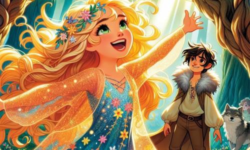 Princess Elara, a 12-year-old girl with long golden hair flowing in the wind and determined bright eyes, stands at the center of the scene. She wears a shimmering dress adorned with starry floral patterns, her face expressing joy mixed with excitement. Beside her is Fen, a 13-year-old boy with messy black hair and a mischievous smile, admiring the scene with his wolf fur cape billowing behind him. They are in an enchanted clearing in the heart of the Whispering Forest, where majestic trees with gnarled trunks rise towards the sky, their leaves sparkling like emeralds in the sunlight. Colorful flowers carpet the ground, and a soft beam of light filters through the branches, creating a magical atmosphere. The main situation shows Elara passionately singing, her hands reaching towards an invisible harpist, while a bright melody rises around them, illuminating the clearing with a golden glow. Fen, by her side, encourages her with an admiring look, ready to assist her in her quest to save the kingdom.