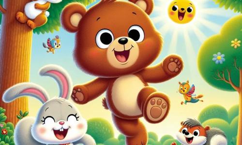 A little brown bear named Benny, with a joyful smile and sparkling eyes, jumps in the air enthusiastically, his front paws raised. Next to him, a small white bunny named Rosie, with big ears and a laughing face, hangs from a tree, her back legs clinging to a branch, looking surprised but amused. A mischievous squirrel named Sam, with gray fur and a bushy tail, quickly climbs the tree to help Rosie, displaying a determined expression. A cheerful little yellow bird named Bella, with shiny feathers and a bright smile, flies around them, singing happily. The setting is a sunny forest with tall trees and green leaves, and colorful flowers scattered on the ground. Sunlight filters through the branches, creating dancing shadows on the grass. The main scene shows Benny and his friends in the middle of a jumping party, laughing and having fun together, surrounded by joy and friendship.