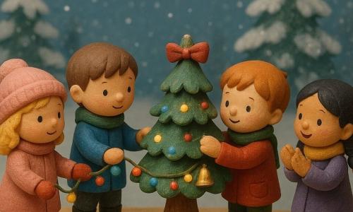 There are four children: A girl named Lily, about 6 years old, with curly blonde hair, wearing a pink hat and red mittens, holding Tom's hand. A boy named Tom, about 6 years old, with short brown hair, wearing a blue coat and black boots, holding a string of lights in the other hand. A boy named Ben, about 5 years old, with messy red hair, wearing a green scarf and a red coat, hanging a small golden bell on the tree. A girl named May, about 5 years old, with black braided hair, wearing a purple coat and a yellow scarf, clapping joyfully near Ben. The setting is a snowy garden with trees covered in glistening snow. A small fir tree stands in the center, decorated with colorful lights and a red bow. The main scene shows the children decorating the tree with expressions of joy and focus. Snow falls gently around them, creating a magical and festive atmosphere.