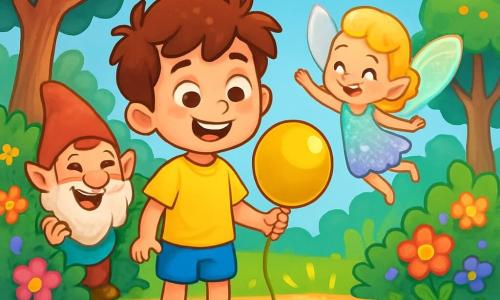 A 6-year-old boy named Oliver, with messy brown hair and sparkling curious eyes, stands at the edge of a Puddle of Positivity. He has a big smile on his face, showing his excitement and wonder. He wears a bright yellow t-shirt and blue shorts, holding a golden balloon in one hand. Next to him, a small fairy with iridescent wings and a shimmering pastel dress joyfully flies, encouraging Oliver with enthusiastic gestures. In the background, a funny gnome named Tiddlywink, with a red pointed hat and a bushy beard, hides behind a flowering bush, laughing heartily. He has mischievous eyes and wears colorful clothes resembling leaves. The scene is set in an enchanted clearing surrounded by twisted trees and brightly colored singing flowers. The sky is bright blue with smile-shaped clouds, and the Puddle of Positivity shines with a golden light, reflecting the vivid colors of the scene. The main situation shows Oliver, amazed, discovering the golden balloon at the edge of the Puddle of Positivity, while the fairy and the gnome encourage him in his quest to find the mysterious unicorn.