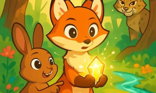 Liora, a young fox with vibrant fur and sparkling curious eyes, stands at the center of the image, her expression determined and hopeful. She holds a glowing crystal in her paws, surrounded by a shimmering magical aura. Beside her, Thistle, a small brown rabbit with big ears, looks at Liora with admiration, his round bright eyes wide as he enthusiastically points at the crystal. The setting is a lush forest bathed in golden light, with majestic trees and vibrant green leaves. Colorful flowers dot the ground, and a sparkling stream winds through the landscape. The main situation shows Liora ready to face a cunning lynx, Maro, who stands back with narrowed eyes and a mischievous smile, prepared to thwart her plans. The atmosphere is tense and exciting, with beams of light filtering through the branches, illuminating the magical scene.