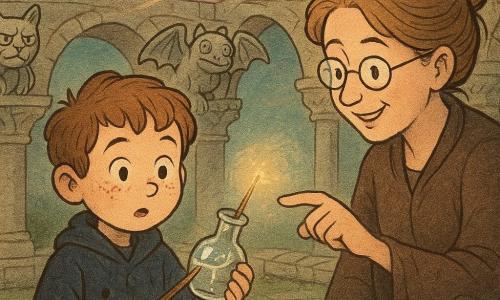 Milo, about eight, a freckled apprentice wizard in a short navy robe stained with ink, holds a cracked glass vial glowing with silver ink as his worried eyes turn to wonder; Mistress Brine, the kindly grimoire keeper with a loose bun and glasses on her nose, stands beside him pointing to the crack with a finger dusted in silver. Stone gargoyles—a grumpy cat, a winged frog, and a smiling loaf—perch on the arches, one dropping a drop into a basin. The square stone cloister has round arches, dark reflecting pools, green moss and bell flowers, and a floor dusted with sparkling powder. Above, the sky swirls mint, lavender, and peach with a thin shiny streak like an ink ray. Main scene: Milo concentrates and casts a gentle repair charm with a short wand as a golden needle of light sews the crack while Mistress Brine encourages, the gargoyles watch, and the sky responds in soft, warm wonder.