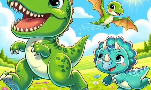 Tyrannosaurus Rex o imieniu Tobi, z jaskrawo zieloną skórą i dużymi okrągłymi oczami, wyraża ogromną radość, biegając po słonecznej łące, a jego małe ramiona radośnie machają. Obok niego skacze mały triceratops o imieniu Tina, z trzema rogami na głowie i jasnoniebieską skórą, jej oczy błyszczą z ekscytacji. Nad nimi krąży pterodaktyl o imieniu Piko, z kolorowymi skrzydłami i figlarnym uśmiechem, dodając magii do sceny. Tło stanowi rozległa, zielona łąka, usiana kolorowymi kwiatami, z jasnoniebieskim niebem i puszystymi chmurami delikatnie unoszącymi się. Tobi, Tina i Piko bawią się razem, biegając i grając pod słońcem, ilustrując radosną przyjaźń między tymi dinozaurami w tętniącym życiem prehistorycznym świecie.