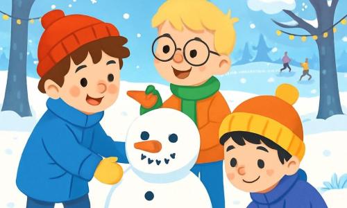 There are 3 characters: Max, an 8-year-old boy with messy brown hair and rosy cheeks, wearing a big blue coat, a red hat, and yellow gloves, is rolling a snowball to build a snowman. Leo, a 7-year-old boy with blond hair and round glasses, dressed in a green scarf and an orange jacket, stands next to Max, smiling and holding a carrot for the snowman's nose. Sam, an 8-year-old boy with black hair and freckles, wearing a purple coat and a pom-pom hat, is crouching down, picking up small stones for the snowman's eyes. The setting is a magical winter park, with snow-covered trees, a light blue sky, and softly falling snowflakes. In the distance, there is an ice rink where other children are skating. String lights decorate the tree branches, adding a touch of magic to the scene. The main situation shows the three friends joyfully building a snowman, laughing and having fun together, surrounded by winter beauty.