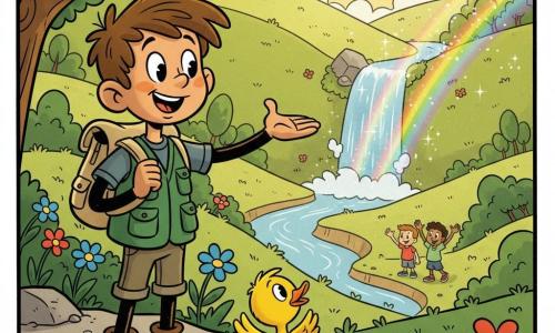 Lucas, um jovem explorador sorridente e maravilhado, cabelo castanho despenteado, veste jaqueta verde com bolsos e mochila de lona bege, estende a mão para a cachoeira do vale abaixo; ao seu lado, um pequeno pato amarelo de plumagem macia, batendo asas e nadando numa poça em primeiro plano como amigo fiel; no topo de um promontório rochoso sobre um amplo vale verde com relva ondulada, flores azuis, rosas e laranja, rio sinuoso e grande cachoeira cintilante formando arco-íris na bruma; cena com luz dourada do sol após a subida, atmosfera de aventura tranquila, contrastes nítidos, cores saturadas e fundo detalhado com árvores estilizadas e pequenos pássaros em voo.