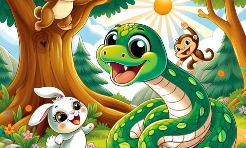 Um serpente chamado Sussu, com escamas verdes brilhantes e olhos cintilantes de curiosidade, desliza alegremente ao redor de uma grande árvore, exibindo um largo sorriso. Ao lado dele, um travesso coelhinho chamado Pipo, com grandes orelhas e pelagem branca, salta com entusiasmo, seus olhos redondos cheios de excitação. Um macaco travesso chamado Tico, com pelagem marrom e um rabo longo, balança de um galho para o outro, rindo e se divertindo com seus amigos. Eles estão em uma clareira ensolarada, cercada por árvores majestosas e flores coloridas, onde a luz do sol filtra através das folhas. A cena mostra Sussu, Pipo e Tico brincando juntos, cheios de alegria e risadas, criando uma atmosfera de camaradagem e aventura.