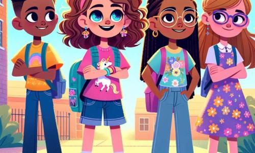 Em um pátio ensolarado da escola, quatro personagens principais estão no centro da imagem. Sofia, uma menina de 8 anos com cabelos cacheados e olhos brilhantes, usa uma camiseta rosa com um padrão de unicórnio e um short jeans. Ela sorri com determinação, de braços cruzados, pronta para defender sua amiga. Clara, também de 8 anos, tem cabelos loiros trançados e óculos redondos, vestindo um vestido florido e ao lado de Sofia, confiante e disposta a apoiar. Lúcia, outra menina de 8 anos com cabelos lisos e um laço vermelho, usa uma camiseta azul e calças leves, olhando Sofia com admiração e pronta para agir. Ana, uma menina de 8 anos com cabelos castanhos e olhos tristes, veste um suéter roxo e está um pouco afastada, mas seu rosto expressa esperança e gratidão por suas amigas. O pátio da escola é vibrante, com árvores verdes e brinquedos ao fundo, enquanto crianças brincam e riem, e um grupo de meninas à parte ri de forma zombeteira. A cena principal mostra Sofia, Clara e Lúcia se aproximando de Ana para oferecer apoio, contrastando a solidariedade com o bullying, enquanto as expressões dos personagens transmitem determinação, amizade e esperança.