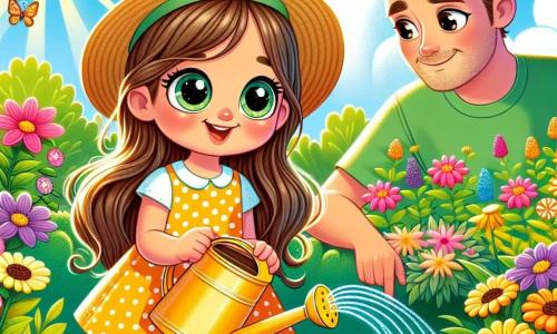 Uma menina de 4 anos, com longos cabelos castanhos e olhos curiosos, rega flores coloridas em um jardim ensolarado. Ela usa um vestido amarelo com bolinhas e um chapéu de palha, exibindo um grande sorriso. Ao lado dela, seu pai, um homem na casa dos trinta anos, com uma barba leve e uma camiseta verde, a observa com orgulho enquanto segura um regador. Eles estão em um jardim exuberante, cheio de flores vibrantes, borboletas e um céu azul claro. A menina, concentrada e feliz, rega delicadamente as plantas, enquanto seu pai lhe explica a importância de cuidar da natureza.