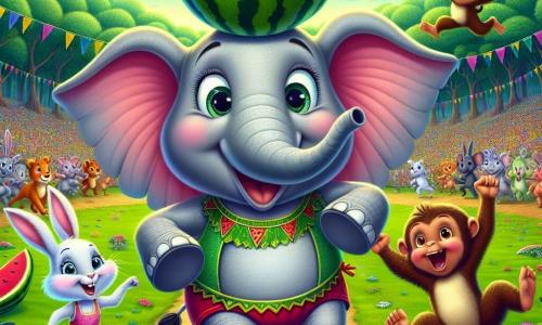 Um elefante alegre chamado Trombadinha, com pele cinza e grandes orelhas, está no centro da cena, sorrindo amplamente e segurando uma melancia na cabeça, pronto para correr em uma corrida divertida. À sua direita, uma coelhinha charmosa chamada Cacilda, com pelagem branca e grandes orelhas, salta de alegria, seus olhos brilhando de excitação. À esquerda, um macaco travesso chamado Chiquinho, com pelagem marrom e uma cauda longa, está pendurado em um galho, rindo e incentivando Trombadinha. Ao fundo, uma clareira verdejante da floresta encantada, cheia de árvores coloridas, flores vibrantes e outros animais reunidos para o Grande Jogo, cria uma atmosfera festiva e alegre. A cena captura o momento em que Trombadinha se lança para começar a corrida, com uma expressão determinada e divertida, enquanto seus amigos o incentivam com entusiasmo.