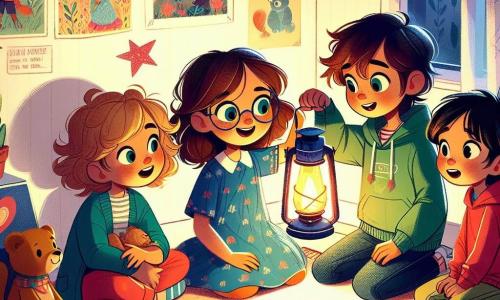 Em um quarto acolhedor, quatro amigos se reúnem. Ana, uma menina de 8 anos com longos cabelos castanhos e óculos redondos, segura uma lanterna brilhante que ilumina seu rosto sorridente. Ao lado dela, Miguel, um garoto de 9 anos com cabelos loiros bagunçados e uma camiseta vermelha, observa as sombras projetadas na parede com admiração. Lúcia, uma menina de 7 anos com cabelos cacheados e um vestido azul, aponta para as formas dançantes na parede, com os olhos arregalados de alegria. Por fim, João, um garoto de 8 anos com cabelos negros e um moletom verde, está sentado de pernas cruzadas, ouvindo atentamente as histórias que seus amigos contam. O quarto é decorado com pôsteres coloridos e pelúcias, com um tapete macio no chão. As paredes são pintadas de amarelo suave, e uma janela deixa passar a luz da lua, criando uma atmosfera mágica. Os quatro amigos, reunidos ao redor da luz da lanterna, compartilham histórias de coragem para superar o medo do escuro, transformando a escuridão em um mundo de aventuras e risadas.