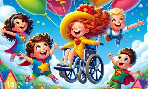 Four joyful friends are floating in the sky on colorful balloons. On the left, Lily, an 8-year-old girl with a yellow hat adorned with a large red flower, is laughing with her brown hair blowing in the wind. Next to her, Clara, a 9-year-old girl with curly hair and a shiny wheelchair, smiles while holding her blue balloon tightly. In the center, Ruby, a 7-year-old girl with messy orange hair, dances on her red balloon, arms raised to the sky. Finally, on the right, Max, an 8-year-old boy in a superhero cape, makes faces while floating on his green balloon, ready for an adventure. The backdrop features a bright blue sky dotted with fluffy clouds, and below is the village of Gigglewood, resembling a candy landscape with colorful houses and broccoli-shaped trees. The four friends are having fun floating together, laughing and dancing on their balloons, creating a magical and humorous scene.