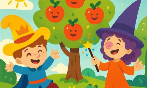 A smiling prince, Benny, wearing a funny large hat and a blue tunic, joyfully jumps on Enchanted Island, his eyes sparkling with happiness. Next to him, a playful witch, Wanda, about 30 years old, with a purple nose and curly hair, laughs while waving her magic wand, creating colorful sparks around them. The setting is a magical island with shimmering trees, multicolored flowers, and a sunny sky dotted with fluffy clouds. In the center, a large tree with dancing apples catches attention, while a small pond nearby reflects sunlight, with a singing frog on a rock. The scene shows Benny and Wanda playing together, laughing and jumping around the tree as the apples dance joyfully and the frog sings a catchy tune.