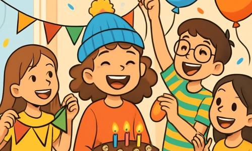 Una niña de 12 años, Clara, con cabello castaño rizado, lleva un sombrero azul con pompones amarillos y una gran sonrisa de emoción. Está rodeada de sus amigos, todos alegres y comprometidos en los preparativos de su fiesta de cumpleaños. A su lado, Lila, una niña de 11 años con cabello largo y liso, sostiene una guirnalda colorida, con ojos brillantes de felicidad. Mateo, un niño de 12 años con gafas y una camiseta a rayas, se prepara para colgar un globo, riendo con entusiasmo. La escena transcurre en una sala luminosa, decorada con guirnaldas multicolores y globos flotantes, con una gran mesa en el centro adornada con un magnífico pastel de chocolate, rodeado de confeti brillante. Clara y sus amigos decoran la habitación para la fiesta, riendo y compartiendo ideas, mientras una suave brisa hace danzar las decoraciones. La atmósfera está llena de alegría y anticipación, capturando el espíritu de una fiesta de cumpleaños llena de camaradería y creatividad.