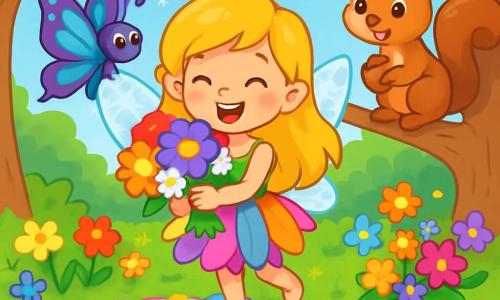Eine kleine Fee namens Flora mit funkelnden Flügeln und goldenen Haaren lächelt fröhlich, während sie einen wunderschönen Strauß bunter Blumen hält. Sie trägt ein Kleid aus bunten Blütenblättern und strahlt vor Aufregung. Neben ihr fliegt Flitzy, ein Schmetterling mit leuchtend blauen und violetten Flügeln, um sie herum und zeigt einen verspielten Gesichtsausdruck. Brumble, ein Eichhörnchen mit braunem Fell und funkelnden Augen, sitzt auf einem Ast, hält eine kleine Nuss und beobachtet sie mit einem verschwörerischen Lächeln. Die Szenerie ist eine verzauberte Lichtung, umgeben von majestätischen Bäumen mit leuchtend grünen Blättern und wilden Blumen in lebhaften Farben, die im Wind tanzen. In der Mitte liegt eine sanfte Decke aus Blütenblättern, geschmückt mit köstlichen Leckereien und einer Nussvase voller Blumen. Die Szene zeigt Flora, Flitzy und Brumble, die ein magisches Picknick zum Muttertag vorbereiten, voller Freude und Liebe, bereit, diesen besonderen Moment gemeinsam zu feiern.