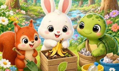 Un pequeño conejo blanco, con orejas rosas y ojos brillantes, parece alegre y concentrado mientras deposita una cáscara de plátano en una caja de compost de madera; a la izquierda, una ardilla roja de mejillas regordetas sonríe con una pequeña pala verde; a la derecha, una tortuga verde de caparazón moteado, tranquila, lleva una bolsa de tela junto a un contenedor de reciclaje colorido con una botella transparente cerca; lugar: un claro de bosque luminoso con hierba suave, margaritas y pequeñas tulipanes, un riachuelo brillante y troncos redondeados al fondo; situación: los tres amigos limpian juntos (plátano al compost, papel en la bolsa, botella junto al contenedor amarillo), escena serena en colores pastel, texturas suaves y composición centrada y clara para niños pequeños.