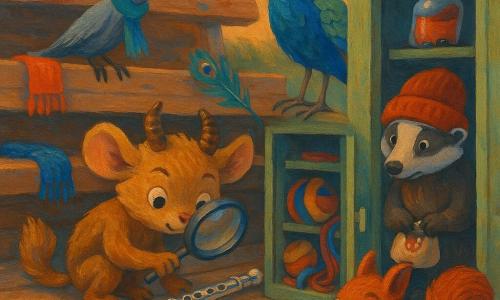 Marn, een klein harig zoogdier met twee gedraaide hoornachtige uitsteeksels en grote ronde oren, zit geconcentreerd gehurkt op houten latten met een vergrootglas in de poot terwijl hij een glanzende metalen fluit onderzoekt op een plank van een open sportkast; achter hem op de leuning staat Kiri, een slanke grijze vogel met een scheefhangende sjaal, nieuwsgierig voorovergebogen, Pip, een das met een grote rode muts, staat schuchter bij de kastdeur met een zakje natte snoepjes, Fazo, een pauw met blauwgroene glanzende veren, houdt verlegen maar trots een verloren veer vast op een trede boven Marn, en Tiks, een eekhoorn-timmerman met een gereedschapsriem en houtbevlekte vingers, hurkt bij een gebarsten plank; de scène speelt zich af op een versleten houten tribune met gekleurde sjaals en hoeden op de banken, een open sportkast vol ballen en linten, een snackkraam achteraan met omgevallen jam-pot en dropsnippers op de treden, gekleurde wimpels erboven, zachte avondverlichting, kleine aanwijzingen verspreid (blauwgroene veer, glanzende jamvlek, zwarte dropskruimel, voetafdrukken in het stof) en een gevoel van gezamenlijke ontdekking en lichte spanning, in de stijl van een acrylschilderij met warme kleuren, zichtbare penseeltextuur en expressieve lijnen, compositie gericht op de glanzende fluit in Marns poot.