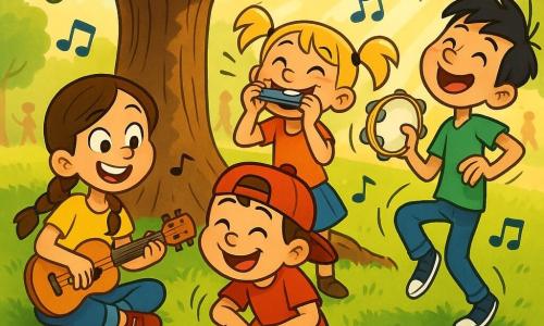 Niños de 10 años: Lucía, alegre y traviesa, trenza castaña, intenta tocar al revés una pequeña guitarra sentada en la hierba; Marcos, cara redonda y sonrisa pícaro, gorra roja al revés, golpea con entusiasmo una caja rítmica; Clara, coletas rubias y ojos vivaces, sopla al revés una armónica riendo junto a Lucía; Pablo, pelo negro despeinado y camiseta verde, agita una pandereta y hace un paso de baile gracioso hacia atrás. Ambientación: rincón musical del parque bajo un gran roble con raíces a la vista, césped verde, flores rojas y azules, sol cálido y algunos paseantes difuminados; situación: grupo de amigos tocando música de forma caótica y alegre, instrumentos al revés y una pequeña caja de madera abierta al pie del árbol con un cuaderno blanco visible.