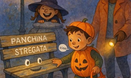 Un bambino di 4 anni, curiosamente gioioso, in costume di zucca arancione con cappello storto, guance rotonde e occhi brillanti, tiene un sacchetto di stoffa arancione e sfiora una vecchia panchina di legno; una bambina di circa 4 anni, Nina, maliziosa e ridens, vestita da streghetta con cappello cadente e treccie, è dietro la fontana mostrando un piccolo altoparlante nascosto; la madre di circa 30 anni, dolce e orgogliosa, con un cappotto caldo tiene la mano del bambino e una torcia gialla che emette luce calda; la panchina, con insegna “PANCHINA STREGATA”, doghe consumate, vernice scrostata e occhi dipinti in bianco come un volto amichevole, sembra dire ciao tramite un altoparlante sotto una doga; la piazzetta lastricata ha una fontana rotonda con acqua gorgogliante, un lampione antico a luce gialla, foglie morte arancioni e rosse a terra e un pacchetto regalo arancione sotto il lampione; scena di notte di Halloween dolce e non spaventosa, il bambino ammira la panchina parlante, la streghetta ride dietro la fontana, la madre illumina la scena; atmosfera calda con colori dominanti arancione, viola tenue e blu notte, texture acquerello e leggere schizzi di luce.