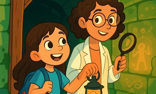 Uma jovem exploradora, Lara, uma menina de 8 anos, com longos cabelos castanhos e olhos brilhantes de curiosidade, está em frente a um velho pórtico de madeira, com o rosto iluminado pela excitação. Ela veste uma camiseta azul vibrante, um short jeans e uma pequena mochila azul cheia de ferramentas de exploração. Ao lado dela, a doutora Sofia, uma mulher de cerca de 30 anos com cabelos cacheados e óculos redondos, sorri gentilmente enquanto segura uma lupa, observando os detalhes das antigas paredes. O local é um túnel misterioso, com paredes de pedra cobertas de musgo verde, sombras dançantes criadas pela luz de suas lanternas e desenhos antigos gravados na pedra, iluminados por uma suave luz dourada. A cena principal mostra Lara e Sofia, prontas para entrar no túnel secreto, com lanternas acesas, cercadas por um ar de aventura e mistério, enquanto trocam um olhar cúmplice, prontas para descobrir tesouros escondidos.