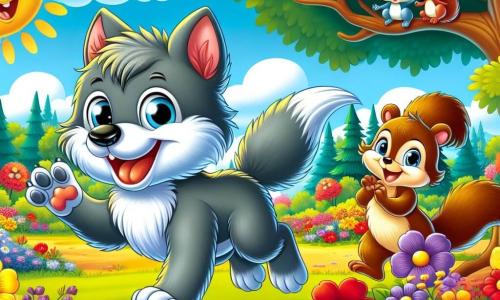 Un pequeño lobo llamado Lolo, con pelaje gris y ojos curiosos, salta alegremente en un parque soleado, rodeado de flores de colores. Son sonrisa refleja su entusiasmo por el verano. Junto a él, una ardilla traviesa llamada Sara, con pelaje marrón y cola esponjosa, trepa por una rama de árbol, riendo y moviendo sus patas delanteras. El parque está lleno de flores rojas, amarillas y violetas, con árboles verdes y un cielo azul claro con algunas nubes blancas. A lo lejos, niños juegan y ríen, sumando a la alegría del verano. Lolo y Sara exploran juntos el parque, disfrutando de la belleza de las flores y simbolizando el espíritu de aventura y camaradería de las vacaciones de verano.