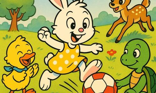 Lila, uma coelhinha branca de grandes orelhas rosas, sorri animada e veste um vestido amarelo de bolinhas, chutando uma grande bola de futebol vermelha e branca no centro da clareira; um pato amarelo de bico laranja à esquerda, usando um cachecol azul, aplaude; uma tartaruga verde à direita segura a bola; um cervo jovem malhado corre ao fundo para trazê‑la; a clareira é um campo iluminado com relva verde, flores coloridas (margaridas, papoilas), poucas árvores de folhas arredondadas e céu azul claro com nuvens suaves; cena: um pequeno jogo amistoso de futebol entre amigos, cores vivas, traços arredondados, expressões exageradas, sensação alegre, movimento visível e luz quente de fim de tarde.