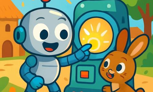 Al centro, un piccolo robot di nome Pipo, con un corpo argentato brillante e occhi rotondi ed espressivi, mostra grande curiosità e gioia. Sta toccando un pulsante luminoso su una macchina del tempo, circondato da luci vivaci e scintillanti. Accanto a lui, un coniglio dalle grandi orecchie, con un pelo morbido e marrone, esprime meraviglia, i suoi occhi brillano di sorpresa mentre guarda Pipo, pronto a giocare. Sullo sfondo, si estende una città antica con case in terracotta dai tetti di paglia, strade in terra battuta e alberi fioriti, creando un'atmosfera calda e accogliente. La scena principale mostra Pipo e il coniglio che esplorano insieme, circondati da fiori colorati e raggi di sole che filtrano tra i rami, illustrando un momento di gioiosa scoperta e amicizia.