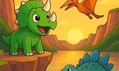 A young and curious triceratops, with bright green skin and shiny white horns, stands atop a cliff, its eyes sparkling with excitement and a wide smile on its face. Beside it, a graceful pteranodon, with bright orange wings and a pointed beak, flies through the air, its feathers shimmering in the setting sun. Below, a wise stegosaurus, with blue plates and a kind gaze, watches the scene from the edge of a sparkling lake. The lake is surrounded by majestic cliffs, where the golden light of the sunset reflects on the water, creating a magical atmosphere. In this scene, the triceratops is preparing to sing with its friends, uniting their voices in a joyful melody that echoes through the valley.