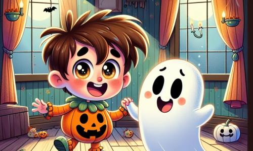 Timmy, a young boy with messy brown hair, is wearing an orange pumpkin costume and has a big smile. His sparkling eyes show excitement as he joyfully laughs while holding the hand of his friend, Gus the ghost, who floats beside him. Gus is a friendly ghost with a smiling face, translucent and slightly glowing, dressed in a white sheet. The scene takes place in an old haunted house with worn wooden walls, cobwebs in the corners, and soft moonlight filtering through dusty windows. Shadows dance on the floor, creating a mysterious yet joyful atmosphere. Timmy and Gus are dancing together in the middle of the room, surrounded by colorful Halloween decorations, while friendly bats fly around them, adding a touch of magic to the Halloween celebration.