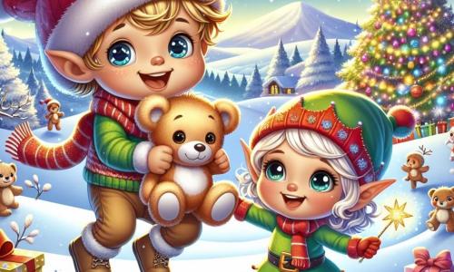 A little boy, 1 year old, with messy blonde hair and sparkling eyes, is jumping with joy in the snow, holding a large teddy bear in his arms. He is wearing a red hat and a striped scarf, and his smile lights up his face. Next to him is a little elf named Sparkle, 5 years old, with pointed ears and curly green hair, encouraging him by waving her little magic wand, surrounded by sparkling glitter. The setting is a magical winter landscape, with snowflakes gently falling, a large Christmas tree decorated with colorful garlands and bright lights in the background. Snow-covered hills stretch as far as the eye can see, creating a magical atmosphere. The main scene shows Tommy and Sparkle digging in the snow to find hidden gifts, with colorful boxes emerging from the sparkling ground, while they laugh and have fun together, ready to save Christmas.