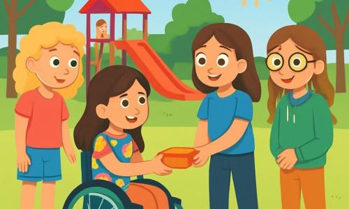 Er zijn 4 kinderen: - Sanne: een 10-jarig meisje met blond, krullend haar, in een roze t-shirt en een spijkerbroekshort. Ze staat links met een nieuwsgierige glimlach. - Zoë: een 10-jarig meisje met bruin, steil haar, in een kleurrijke bloemenjurk. Ze staat in het midden en steekt haar hand naar Noor uit met een vriendelijke blik. - Lara: een 10-jarig meisje met kastanjebruin haar en ronde bril, in een blauw t-shirt en zwarte broek. Ze staat rechts en kijkt bemoedigend naar Noor. - Merel: een 10-jarig meisje met rood haar in vlechten, in een groene hoodie. Ze staat iets naar achteren met een verlegen glimlach en kijkt naar de scène. De setting is een groot schoolplein met kleurrijke schommels, een grote rode glijbaan en groene bomen op de achtergrond. De lucht is blauw en zonnig, en kinderen spelen vrolijk rondom. De belangrijkste situatie toont de vier meisjes die Noor omringen, die in haar mooie rolstoel zit, versierd met kleurrijke stickers. Noor glimlacht blij terwijl Zoë haar een lunchdoos met snacks aanbiedt. De andere meisjes kijken vriendelijk naar haar, klaar om haar in hun spel op te nemen.