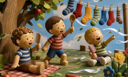 Three boys, about 3½ years old—Toby with light brown curly hair, a round smiling face, holding a small wooden comb and seated left on a red checked mini blanket; Max with short brown hair and a curious look, holding a wooden spoon like a wand and centered, leaning forward; Ben with short blond hair, wearing turned-down socks, holding a pink plastic brush, seated right laughing and pointing into the wind—play in a painted wooden tabletop miniature garden with a textured green lawn, a large wooden apple tree with movable cut-out leaves, a clothesline with colorful socks and a toppled wooden garden gnome against a light blue sky with fluffy clouds; they 