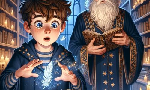 Aiden, un tânăr vrăjitor de 12 ani, cu părul castaniu și ochi plini de curiozitate, stă în centrul scenei, ținând o carte veche de magie deschisă în fața lui. Fața lui exprimă uimire și determinare, în timp ce o ușoară strălucire magică emană din paginile cărții, iluminându-i chipul. Lângă el, Eamon, un vrăjitor înțelept de 70 de ani, cu o barbă lungă albă și ochelari rotunzi, îl observă cu atenție. Poartă o robă de vrăjitor albastră închisă, împodobită cu modele de stele aurii, și stă ușor retras, pregătit să-și ghideze elevul tânăr. Scena se desfășoară într-o veche librărie, cu pereți de piatră acoperiți de cărți prăfuite. Rafturi din lemn masiv se întind până la tavan, iar lumânările tremurânde creează o atmosferă misterioasă. Pânze de păianjen atârnă în colțuri, adăugând o notă de aventură mediului. Aiden, descoperind magia pentru prima dată, rostește o incantație, făcând o pană să leviteze deasupra mesei. Magia strălucește în jurul lui, creând un moment de uimire pură și descoperire.