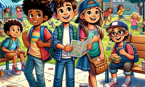 En un patio escolar animado, vemos a cuatro personajes principales. Lucas, un niño de 11 años con cabello castaño desordenado y gran curiosidad, sostiene un gran mapa de la escuela y sonríe, rodeado de sus amigos. A su derecha, Sofía, una niña de 11 años con cabello largo y rizado, lleva una camiseta colorida y ríe alegremente mientras sostiene un sándwich. A la izquierda, Javier, un niño de 11 años, alto y atlético, con una gorra al revés, hace un gesto de victoria con un balón de fútbol bajo el brazo. Finalmente, Valeria, una niña de 10 años con gafas y trenzas, está sentada en un banco, dibujando en su cuaderno con una mirada concentrada. El patio de la escuela está lleno de colores vivos, con árboles verdes, juegos infantiles y grupos de estudiantes que conversan y ríen. El cielo es azul con algunas nubes blancas, y globos flotan en el aire, añadiendo a la atmósfera alegre. La escena principal muestra a Lucas y sus amigos, todos emocionados y sonrientes, discutiendo sus planes para el nuevo trimestre, mientras compañeros juegan al fútbol al fondo, creando un ambiente de camaradería y alegría.