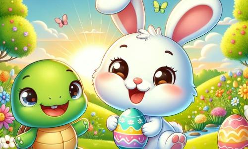 Een klein wit konijntje genaamd Bunny, met grote oren en sprankelende ogen van vreugde, springt vrolijk in een groen veld, omringd door kleurrijke bloemen en kleine paaseieren. Hij heeft een grote glimlach op zijn gezicht, die zijn opwinding voor de eierenjacht toont. Dichtbij kijkt een klein groen schildpadje, genaamd Tilly, naar Bunny met een aanmoedigende glimlach, haar ogen stralend van vriendschap. Ze zit op een steen, met een versierd ei in haar pootjes, klaar om hem te helpen in zijn zoektocht. De plek is een prachtig lentefeld, verlicht door gouden zonlicht, met bloeiende bomen en een blauwe lucht bezaaid met donzige witte wolken. Kleurrijke vlinders fladderen rond, wat bijdraagt aan de vrolijke sfeer. De belangrijkste situatie toont Bunny die een glanzend ei ontdekt dat verstopt is onder een bloem, terwijl Tilly enthousiast aanmoedigt, wat een sfeer van geluk en vriendschap creëert.
