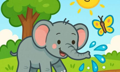 A happy, smiling elephant with gray skin and large pink ears stands by a sparkling stream. It splashes water with its trunk, creating bright droplets that dance in the sunlight. Next to it, a small colorful butterfly with yellow and blue wings joyfully flutters, curiously watching the elephant. In the background, a large green tree with lush leaves provides shade, while the sun shines in a clear blue sky. The elephant and the butterfly share a moment of magic and happiness, surrounded by the beauty of nature.