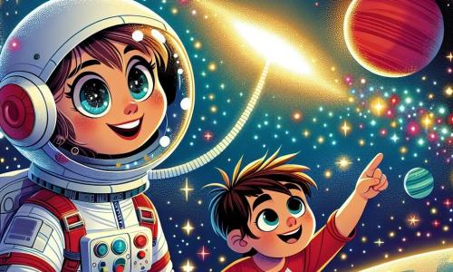Uma mulher astronauta sorridente, com um capacete brilhante e um traje espacial branco, flutua no espaço, cercada por estrelas cintilantes. Seus olhos brilham de empolgação e curiosidade. Ao lado dela, um garoto de 7 anos, Leo, com cabelos castanhos bagunçados e uma camiseta vermelha, a observa com admiração, apontando para um planeta vermelho ao longe. O ambiente é um vasto céu estrelado, salpicado de planetas coloridos e nebulosas luminosas, criando um espetáculo mágico. Ana e Leo sonham juntos, admirando as maravilhas do universo, com estrelas brilhantes e cores vibrantes ao seu redor.