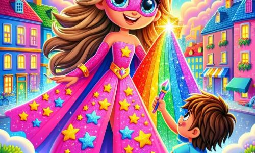 Glitzerglück, eine Superheldin, ist eine Frau mit langen, glänzenden Haaren und strahlenden, fröhlichen Augen. Sie trägt ein leuchtend pinkes Kostüm, das mit vielen funkelnden Sternen geschmückt ist. Sie lächelt herzlich, während sie in der Luft schwebt und ein buntes Spielzeug in ihren Händen hält, bereit, es einem Kind zurückzugeben. Neben ihr sitzt ein etwa 7-jähriger Junge mit zerzausten braunen Haaren und einem blauen T-Shirt, der Glitzerglück mit Staunen ansieht. Er sitzt auf einer Bank, seine Augen strahlen vor Dankbarkeit, während er die Arme nach seinem Spielzeug ausstreckt. Die Szenerie zeigt eine bunte Stadt mit lebhaften Gebäuden, blühenden Gärten und strahlend grünen Bäumen. Der Himmel ist strahlend blau, mit flauschigen weißen Wolken, und die Sonne scheint fröhlich. Die Hauptsituation zeigt Glitzerglück, die das verlorene Spielzeug des kleinen Jungen gefunden hat, umgeben von bunten Schmetterlingen, die um sie herumtanzen und die Magie und Freude der gegenseitigen Hilfe symbolisieren.