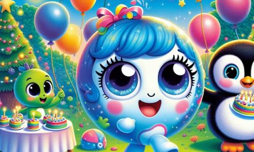 Lalla, una adorabile pallina di pelo blu con grandi occhi scintillanti e un ampio sorriso, è al centro della scena, saltellando di gioia mentre tiene dei palloncini colorati. A destra, Pino, un piccolo pinguino dalle piume bianche e nere, con un'aria entusiasta, sta preparando dei dolcetti su un tavolo decorato. A sinistra, Tina, una tartaruga verde con un guscio lucido, sorride mentre tiene palloncini multicolori, pronta ad appenderli ai rami degli alberi. La scena si svolge in un grande prato verde, illuminato da luci scintillanti, con fiori colorati che danzano al vento e un cielo stellato sullo sfondo. Gli amici si riuniscono per festeggiare il Capodanno, circondati da risate e musica, pronti a contare insieme gli ultimi istanti dell'anno e ad accogliere il nuovo con gioia.