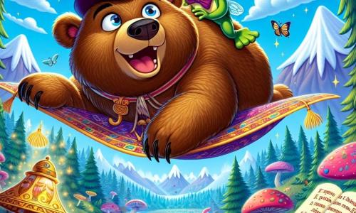 Un grande orso bruno, di nome Bruno, con un pelo morbido e setoso, è seduto su un tappeto volante, con gli occhi spalancati dalla sorpresa e un ampio sorriso sul viso. Batte le ali come un uccello, fluttuando nell'aria con gioia. Accanto a lui, una piccola rana verde, Sir Ranaldo, indossa un elegante cilindro e un monocolo, mostrando un'espressione divertita e maliziosa, mentre indica un libro flottante pieno di rime. Il cielo è di un blu brillante, punteggiato di nuvole soffici, mentre sotto si estende una foresta incantata con alberi dalle foglie colorate e fiori giganti dai toni vivaci. In lontananza, montagne innevate si ergono maestose, aggiungendo un tocco di magia alla scena. Bruno e Sir Ranaldo sono in volo, esplorando un mondo fantastico, circondati da creature meravigliose e paesaggi fiabeschi.
