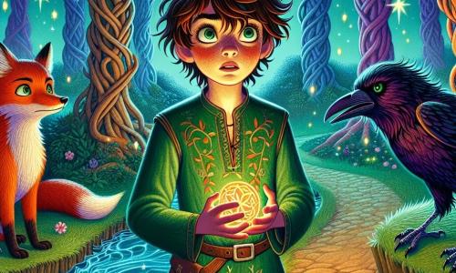 Elio, un ragazzo di circa 12 anni, si trova al centro della scena, con i capelli castani disordinati e gli occhi pieni di curiosità. Indossa una tunica verde decorata con motivi floreali e il suo viso esprime un misto di meraviglia e determinazione. Tiene saldamente un amuleto a forma di luna, illuminato da una dolce luce. A destra, una volpe di fuoco, con un pelo ardente e occhi maliziosi, osserva attentamente Elio, pronta a guidarlo attraverso la foresta. A sinistra, un corvo dalle piume nere lucenti e occhi verdi penetranti plana in aria, sembrando sussurrare avvertimenti. La scena si svolge nel cuore della misteriosa Foresta dei Sussurri, dove grandi alberi dai tronchi nodosi si ergono verso il cielo, le loro foglie scintillano come stelle. Fiori luminescenti bordano il sentiero e un ruscello dalle acque cristalline serpeggia attraverso il suolo coperto di muschio. Elio, di fronte a tre sentieri che si dividono, esita, il cuore che batte forte. La volpe di fuoco lo incoraggia ad avanzare, mentre il corvo sembra volerlo deviare, creando una tensione palpabile nell'aria incantata della foresta.