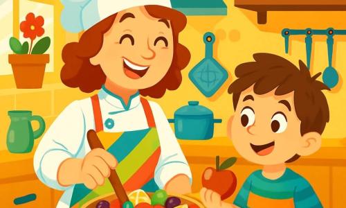 La Chef Lucía, una mujer sonriente con un gran sombrero blanco y un delantal colorido, está mezclando frutas en un gran bol de madera. Sus ojos brillan de alegría y transmite una energía cálida y acogedora. A su lado, Mateo, un niño de 8 años con cabello castaño desordenado y una camiseta a rayas, sostiene una pequeña manzana sonriendo, listo para añadirla a la ensalada. La escena tiene lugar en una cocina luminosa y colorida, llena de utensilios brillantes, macetas en el alféizar de la ventana y estantes cargados de libros de recetas. Rayos de sol entran por las ventanas, iluminando el suelo de baldosas. La situación principal muestra a Lucía enseñando a los niños a preparar una ensalada de frutas alegre, creando un ambiente festivo y divertido.