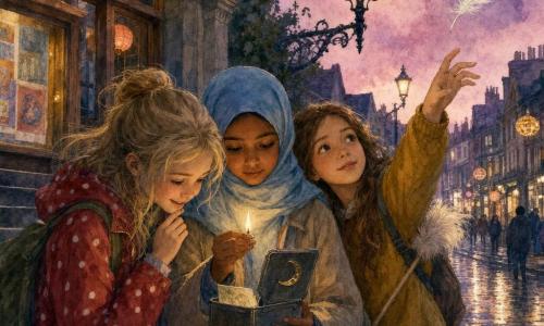 Są trzy dziewczynki około 12 lat: Amina (skóra miedziana, jasnoniebieski hijab, beżowy płaszcz) stoi centralnie z otwartą metalową puszką w lewej ręce i maleńką zapaloną świeczką w prawej, skupiona na płomieniu; Zosia (blond kucyk, czerwona kurtka w białe kropki, zielony plecak) po lewej, uśmiechnięta, pochylona nad puszką jakby czytała notatkę; Lena (jasnobrązowe rozpuszczone włosy, musztardowy sweter) po prawej, z małym białym piórkiem na prawym ramieniu, dłonią wskazująca piórko unoszące się w powietrzu. Przed biblioteką osiedlową: szare kamienne schody, drewniany parapet okna z kolorowymi plakatami, żeliwne latarnie, w tle girlandy i papierowe lampiony w oknach; fioletowo-różowy zmierzch, wilgotna brukowana nawierzchnia odbija światła. Dziewczynki zgromadziły się wokół maleńkiej świecy wyjętej z ozdobnej puszki do herbaty z półksiężycem; płomień rzuca złotą poświatę na ich twarze i złożoną notatkę, nad nimi unosi się białe piórko wskazujące kierunek, a zapalające się lampiony tworzą ciepłą, tajemniczą atmosferę.
